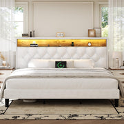 King Size Bed Frame with LED Lights and Storage Headboard