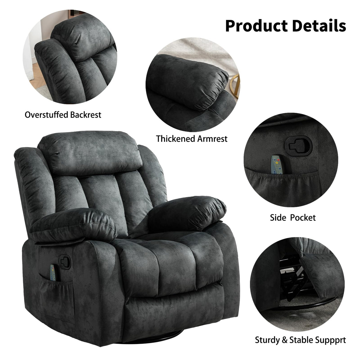 Massage Swivel Rocker Recliner Chair with Heat and Vibration, 360 Degree Swivel Manual