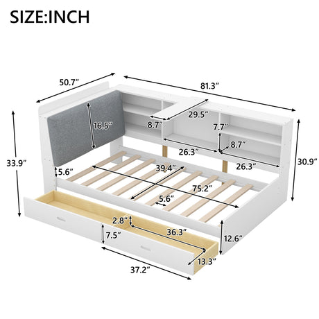 Bed Frame with Upholstered Storage Headboard and 2 Drawers, Pine Wood Daybed