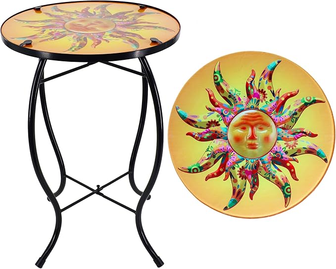 NewVees Peacock Patio Side Table, Small Patio Outdoor Side Table, Plant Table,Metal Glass End Table for Porch Garden Yard Pool.