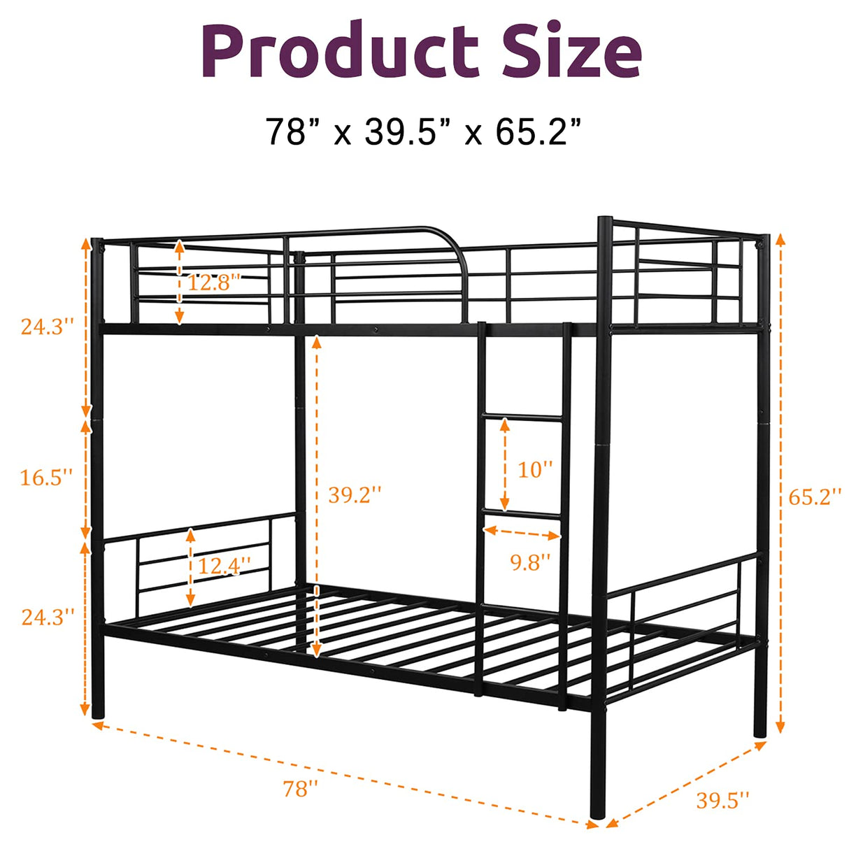 Metal Bunk Bed Twin Over Twin - with Removable Ladder and Guard Rail