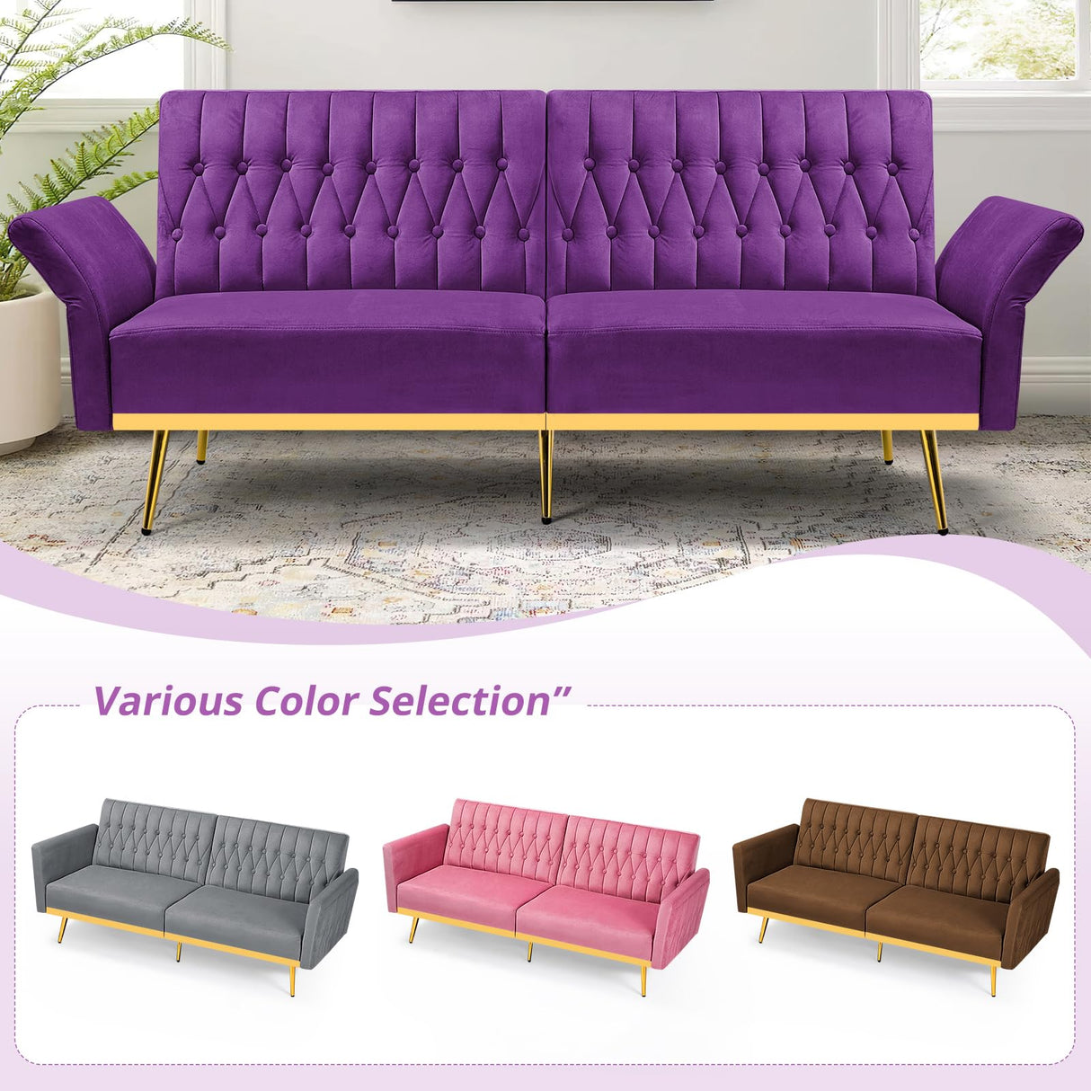 70” Velvet Futon Sofa Bed with 2 Pillows and Adjustable Armrests, Convertible Sleeper Bed