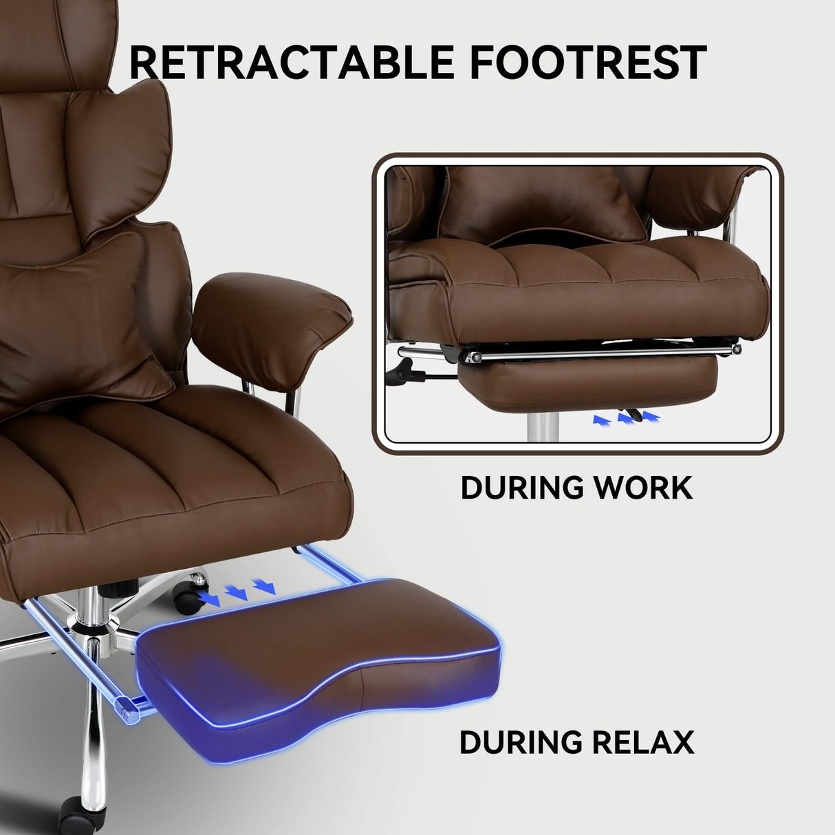 Big and Tall Office Chair 400lbs PU Leather Computer Chair with Footrest and Lumbar Support Executive Chair Swivel Chair Desk Chair Adjustable Height & Reclining Backrest Brown