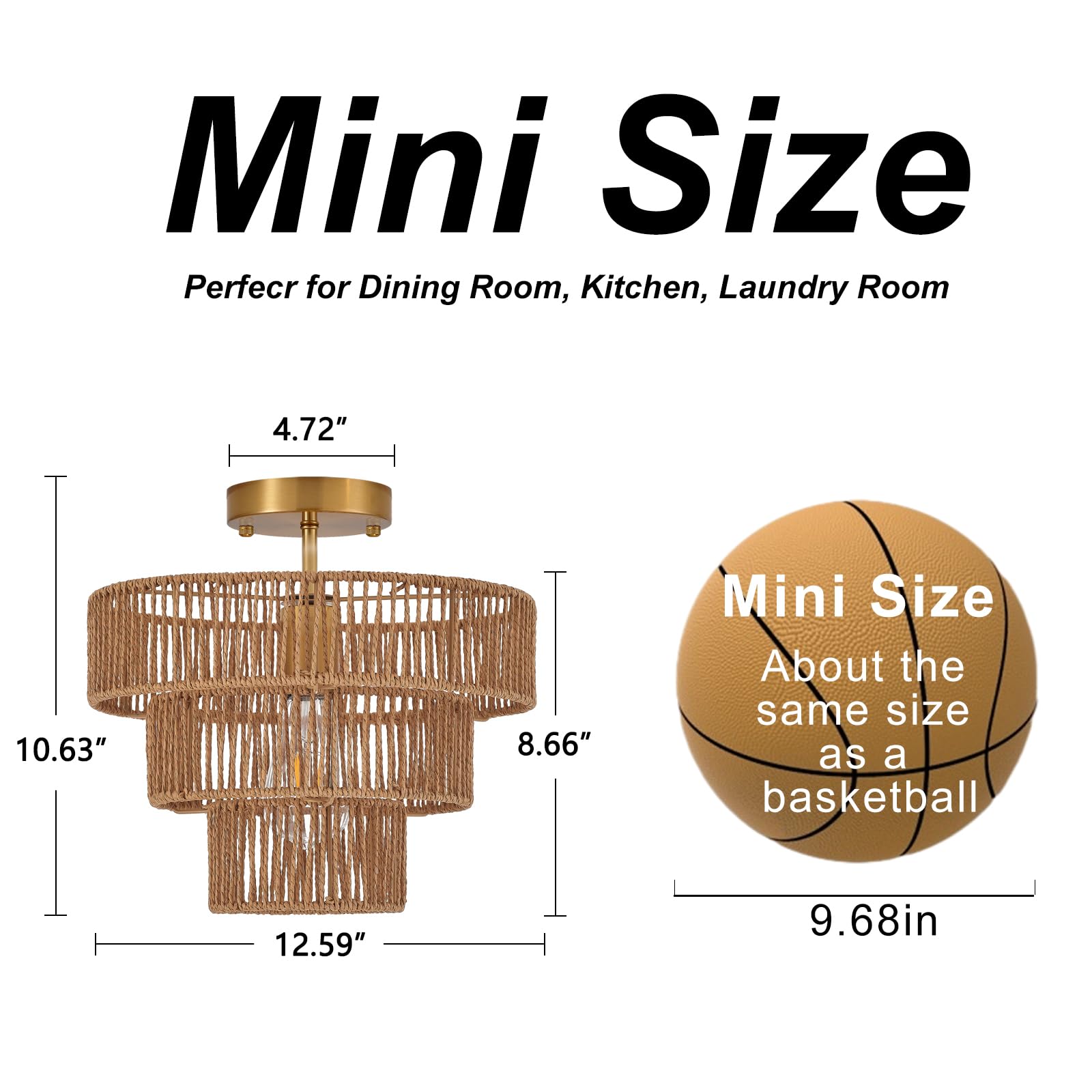 Hand-Woven Rattan Semi Flush Mount Ceiling Light Fixture Vintage Farmhouse Boho