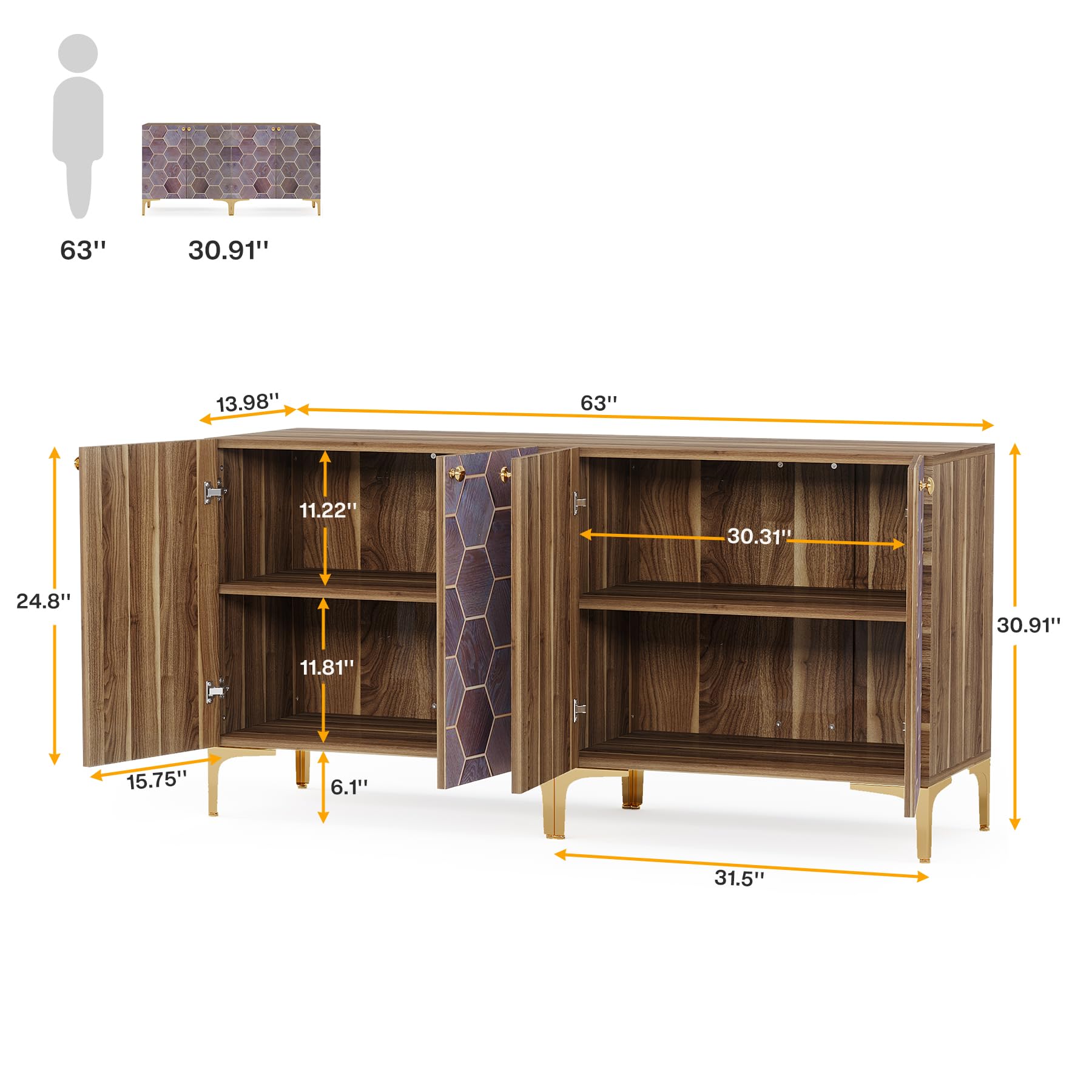 63" Modern Buffet Sideboard Set of 2, Buffet Storage Cabinet with Doors