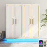 Modern 70in LED 4 Doors Armoires Wardrobe Closet White with Hanging Rod