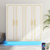 Modern 70in LED 4 Doors Armoires Wardrobe Closet White with Hanging Rod