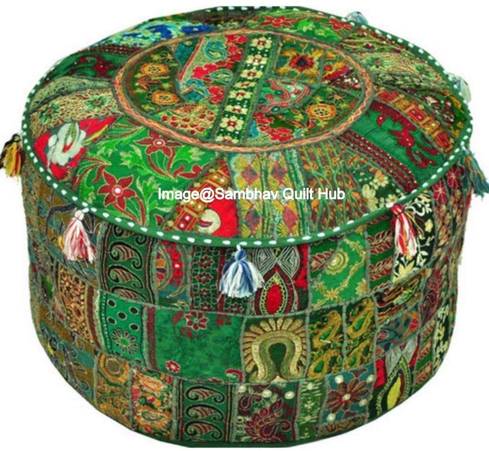 Green Pouffe Round Embroidery Vintage Ottoman Pouf Cover,Patchwork Ottoman, Living
