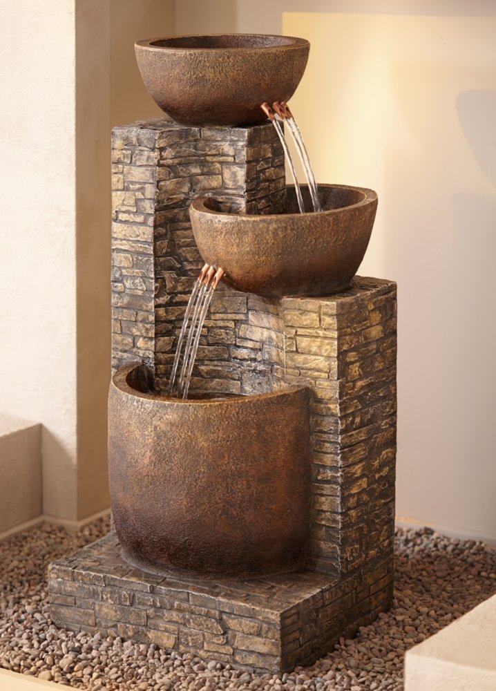 Mason Rustic Outdoor Floor Water Fountain 35" High with LED Light Cascading Three Bowls