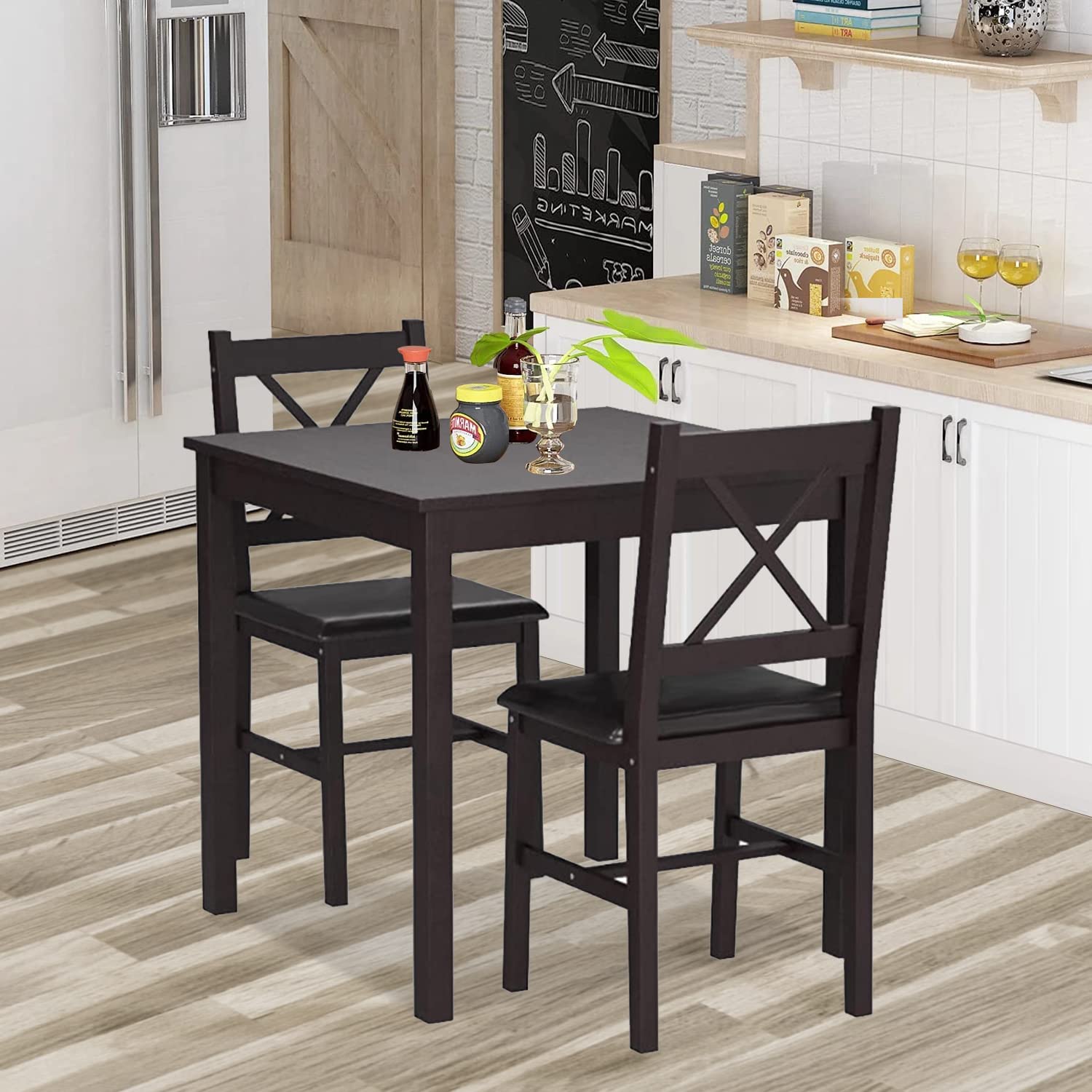 3-Piece Solid Pine Dining Table Set for 2 - Dark Brown