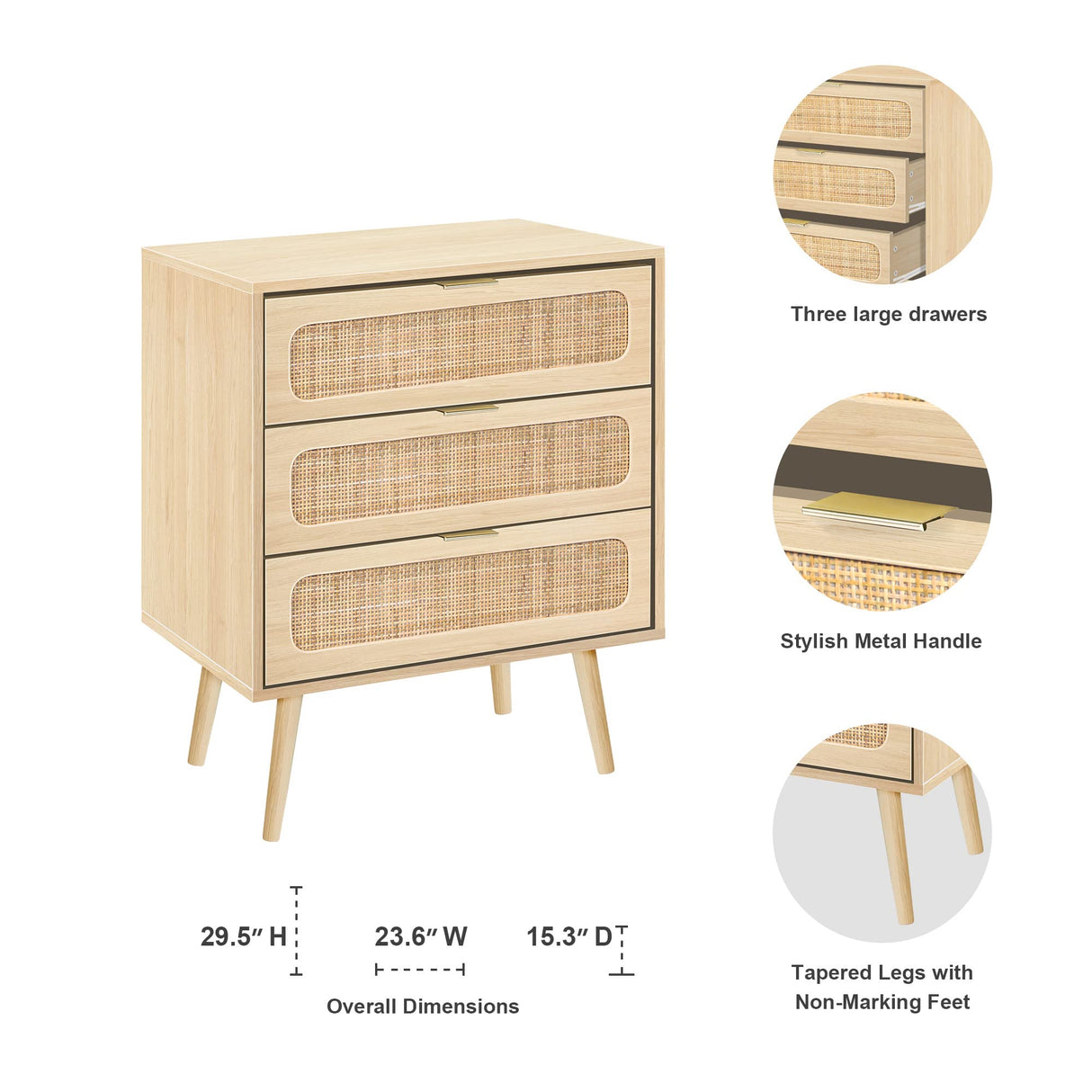 RARZOE 2 Sets of Rattan Nightstand Dresser Chest of 3 Drawers, Wood Storage Dresser Cabinet Organizer Unit for Bedroom Living Room Closet Office(Natural)