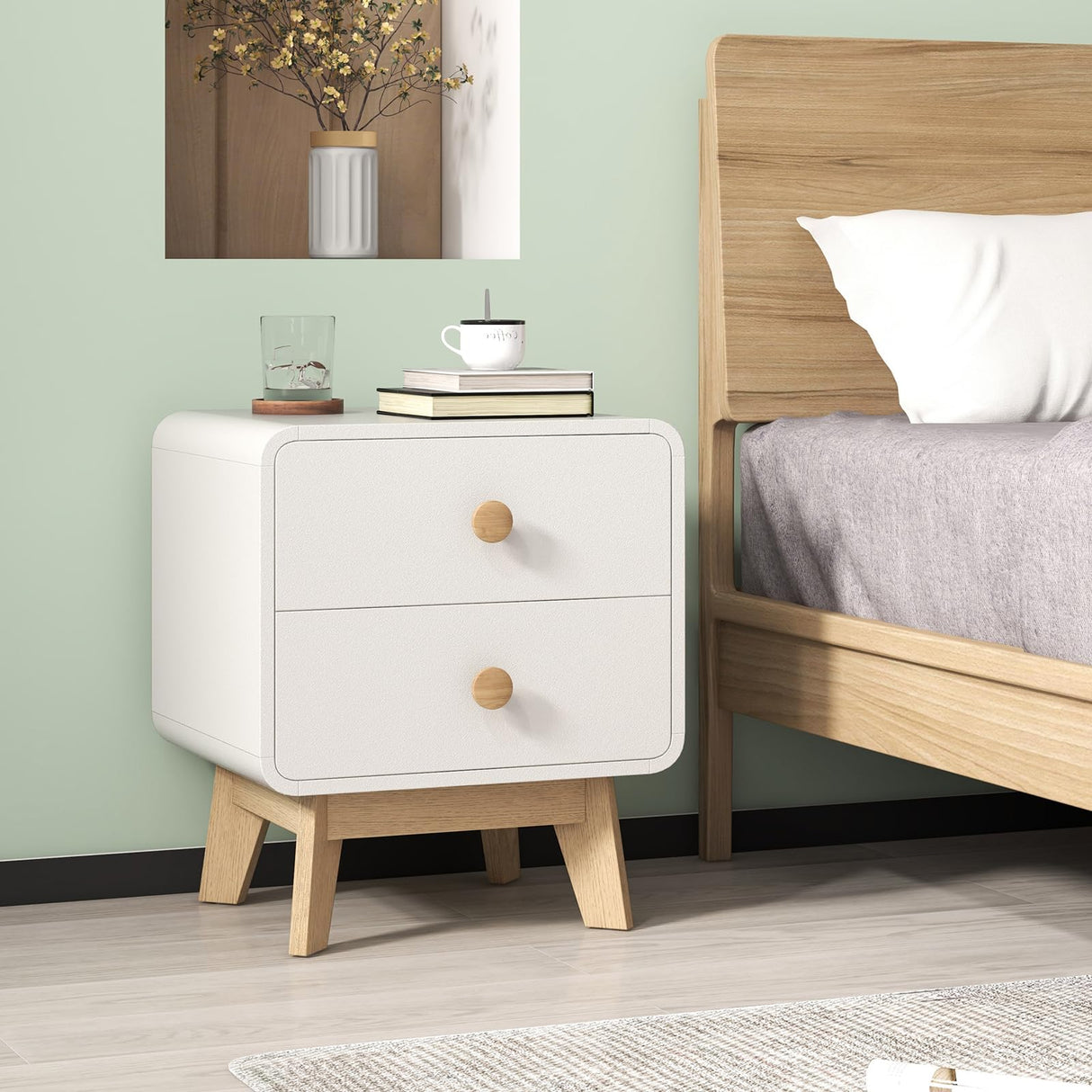 Nightstand with 2 Drawers, Modern Sofa Side Table with Solid Rubber Wood Legs