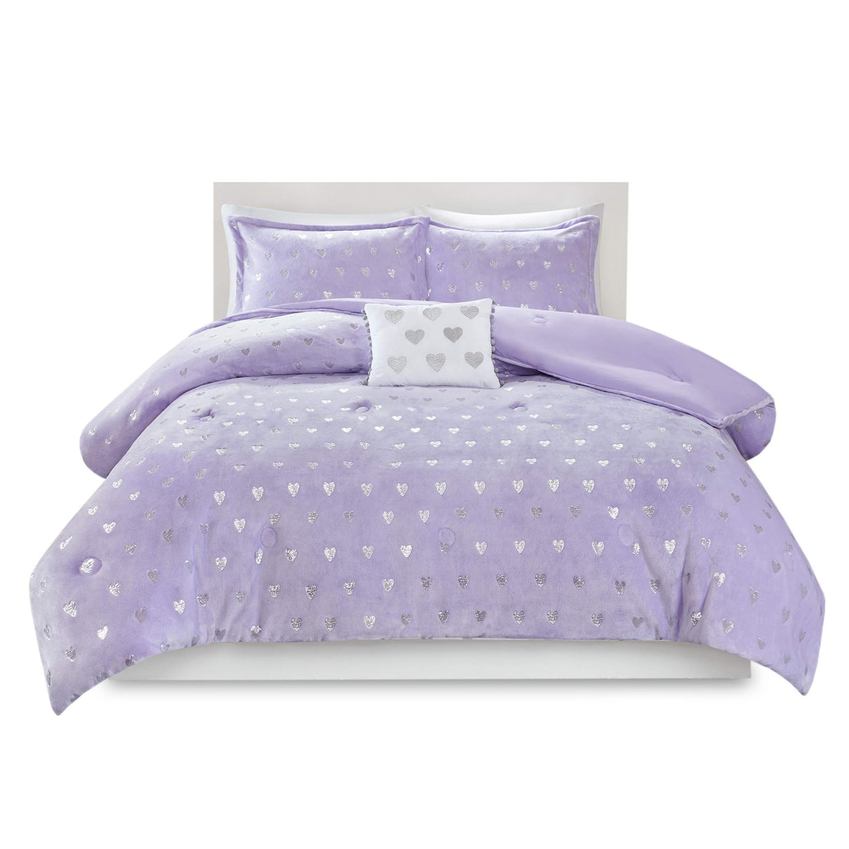 Comforter Set for, Ultra-Soft Microlight Plush Metallic Printed Hearts Brushed Reverse Overfilled Down