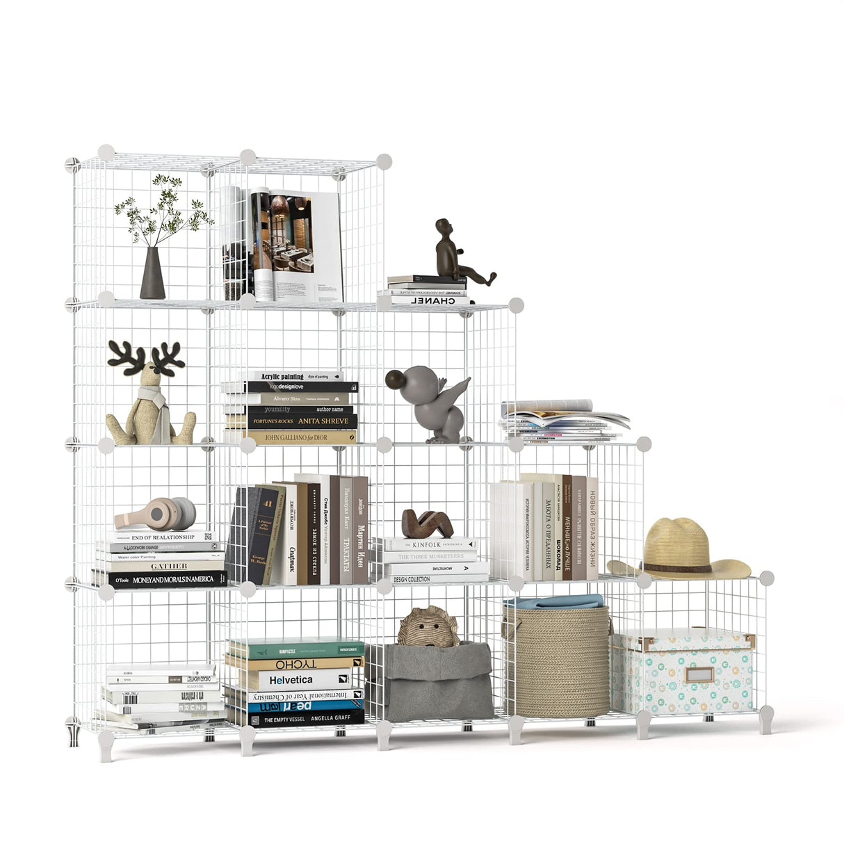 Wire Cube Storage, Metal Grids Shelves Bookshelf, Stackable Modular Shelving Organizer, DIY Closet Bookcase Bookshelf, Grid Storage Shelf for Bedroom, Living Room, Office (White, 12 Cube)