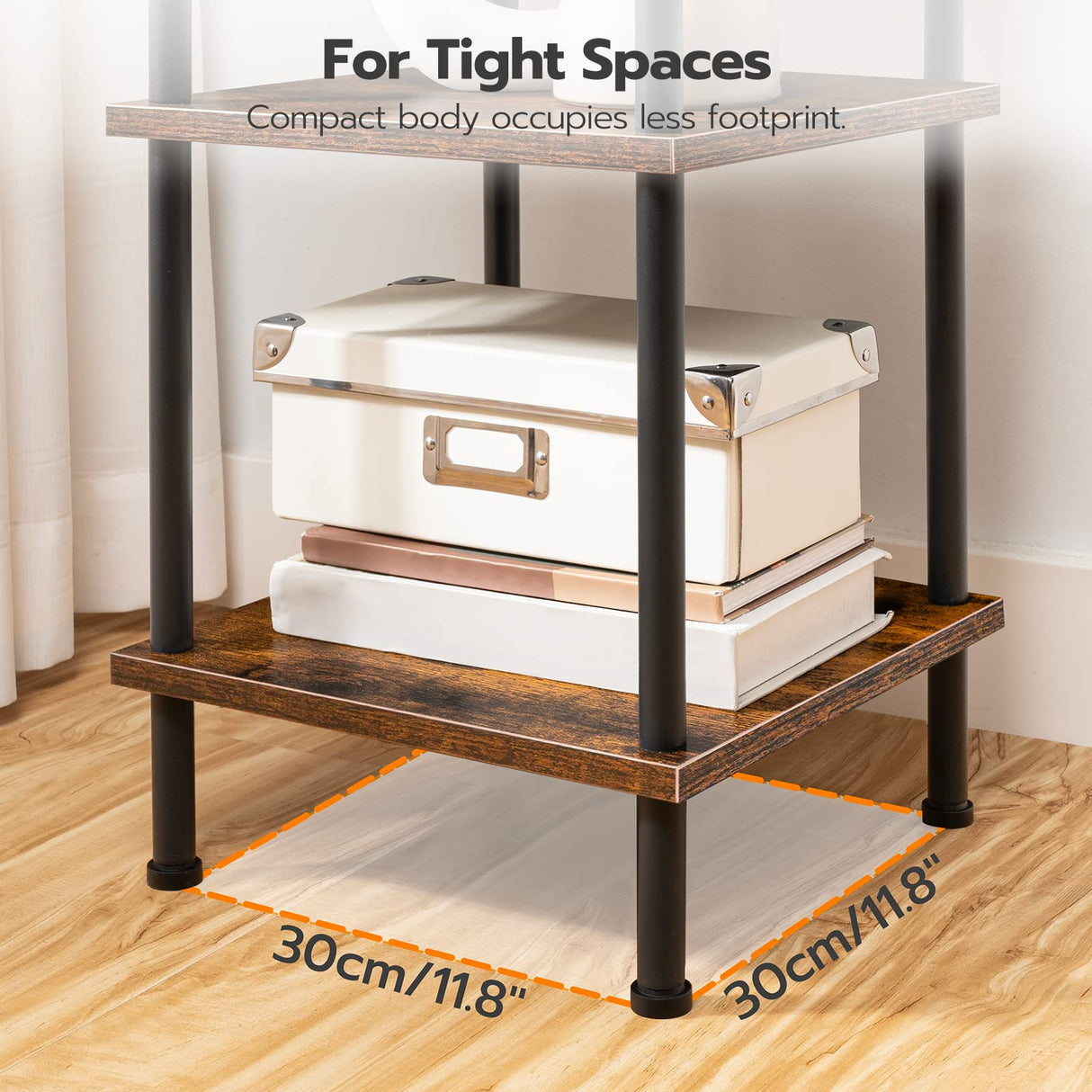6-Tier Corner Shelf, Corner Square Rack Display Shelf, Tall Storage Rack Plant Stand, Corner Bookcase for Small Spaces, Living Room, Home Office, Kitchen, Rustic Brown and Black BF55CJ01