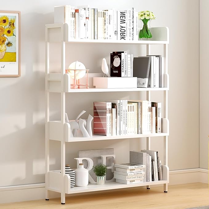 Open Shelf Bookcase - Modern 3-Tier Floor Standing Display Bookshelf with Three-Side Panels for Home and Office, Storage Shelving in Warm White with Gold Frame