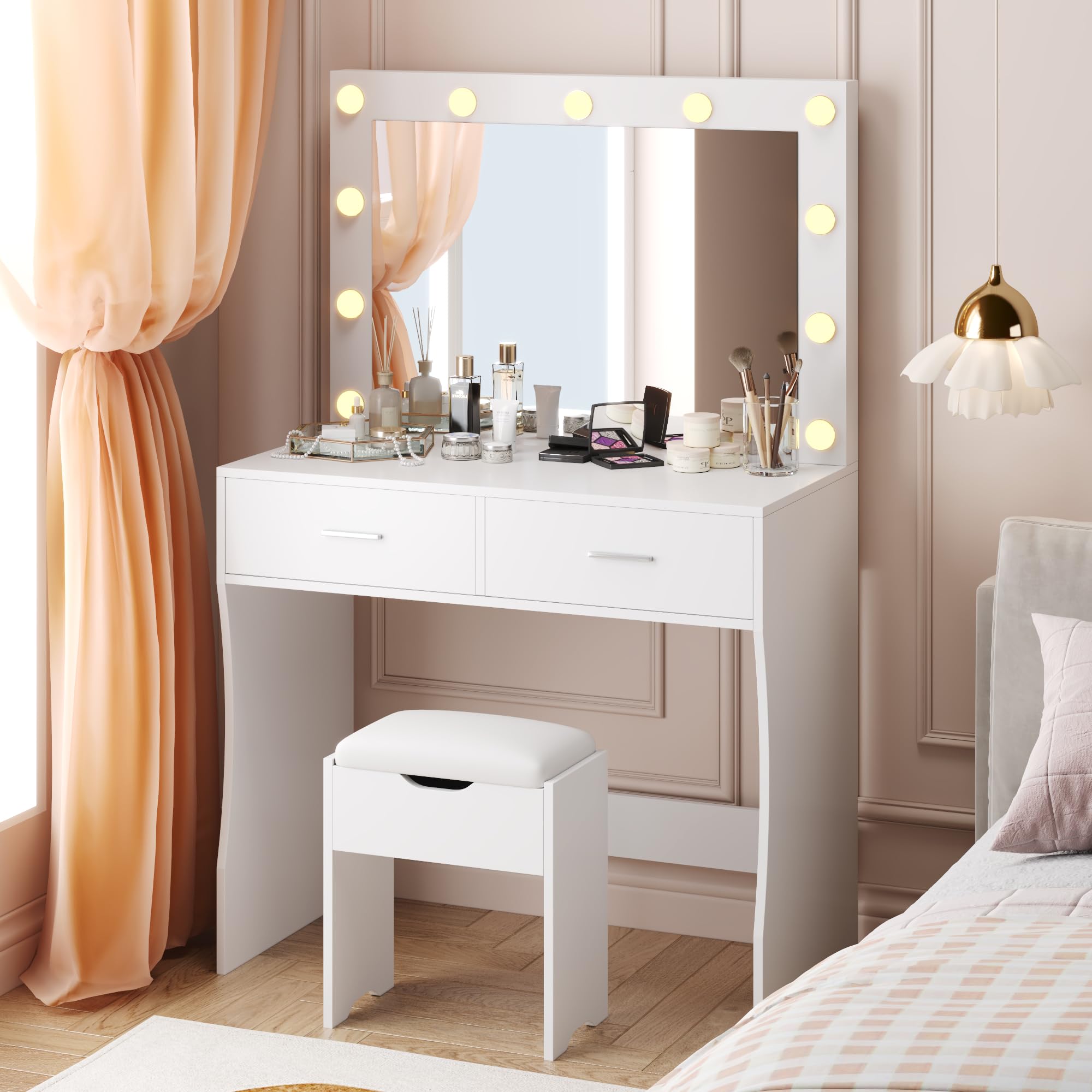 Vanity Desk with Mirror, 11 Adjustable LED Lights in 3 Colors, 2 Spacious Drawers
