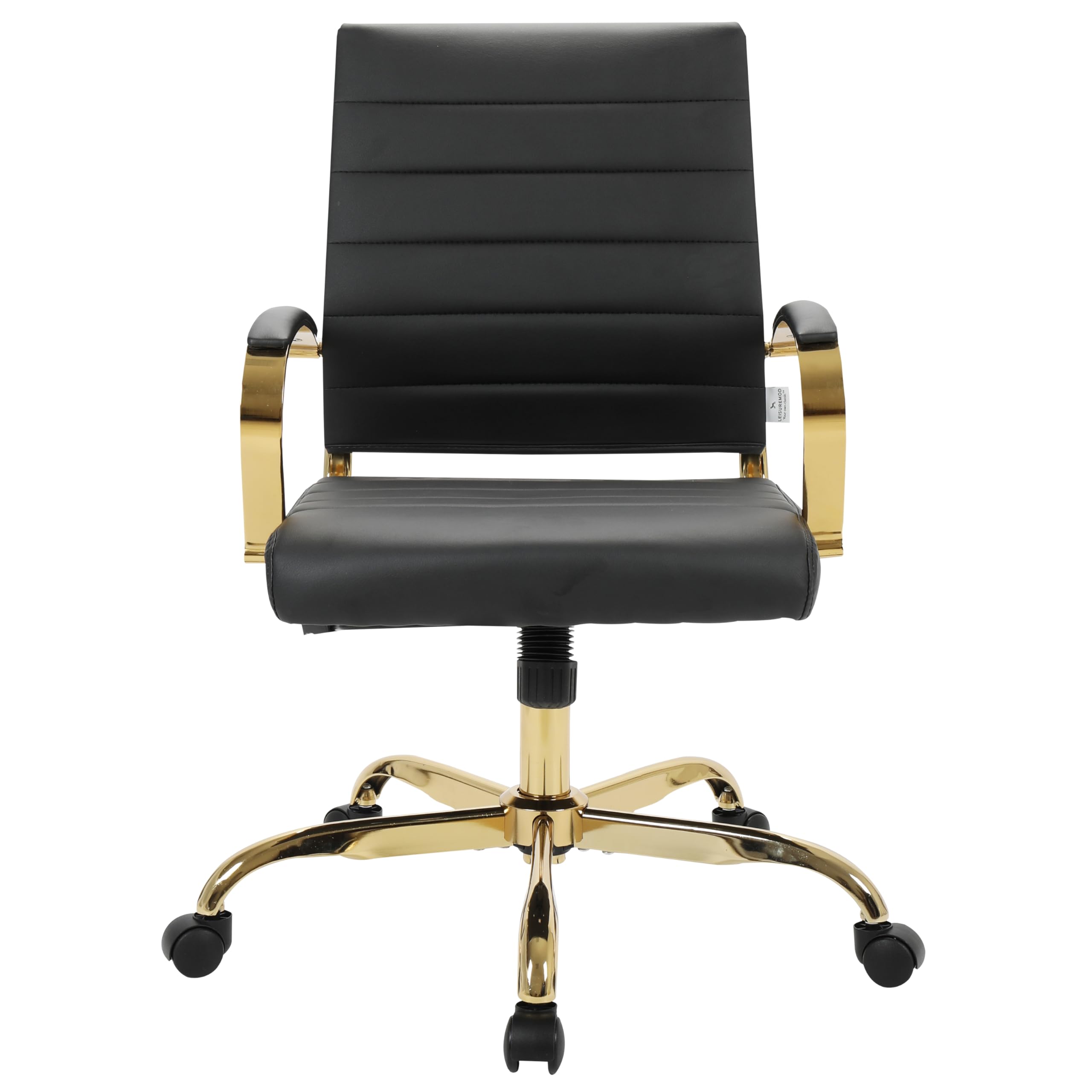 Mid-Back Ergonomic Office Chair with Lumbar Support - Black Leather Gold Frame