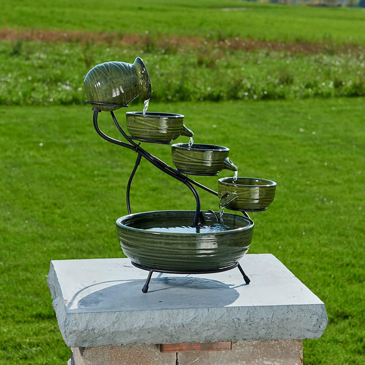 Glossy Ceramic 4-Tiered Cascade Solar-Powered Fountain with 10' Cable