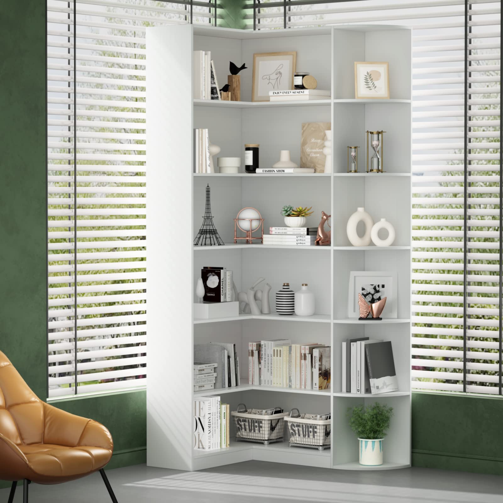 White Book Shelf, 6 Tiers Shelf Large Tall Corner Etagere Bookcase with Full Baffle