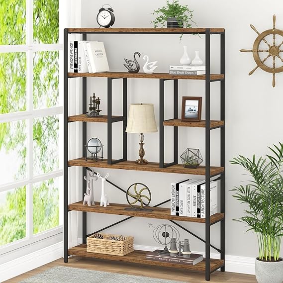 6 Tier Tall White Bookshelf, Big Metal Wooden Book Shelves Storage