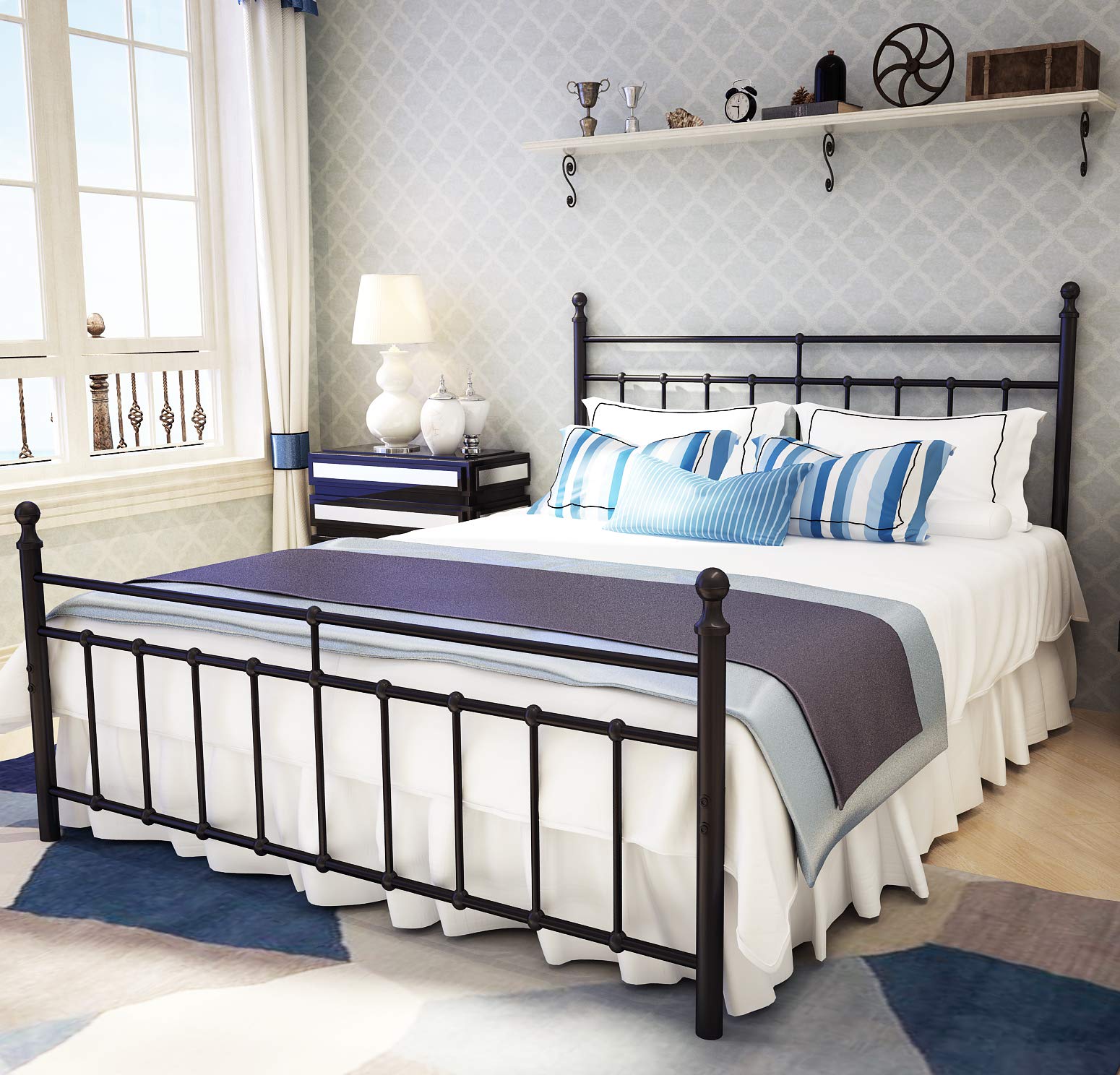 Metal Bed Frame Queen Size with Vintage Headboard and Footboard Platform