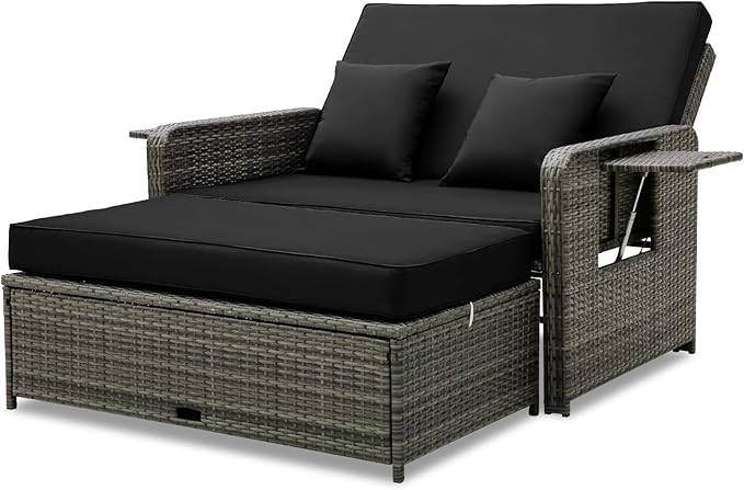 Patio Rattan Daybed Set, Wicker Loveseat Sofa w/Multipurpose Ottoman & Retractable