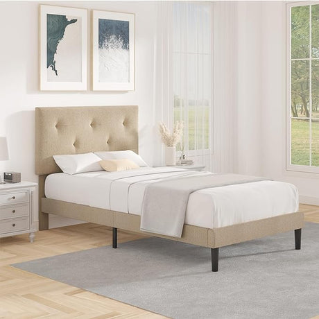 Queen Size Platform Bed Frame with Fabric Headboard, Strong Wooden Slats,