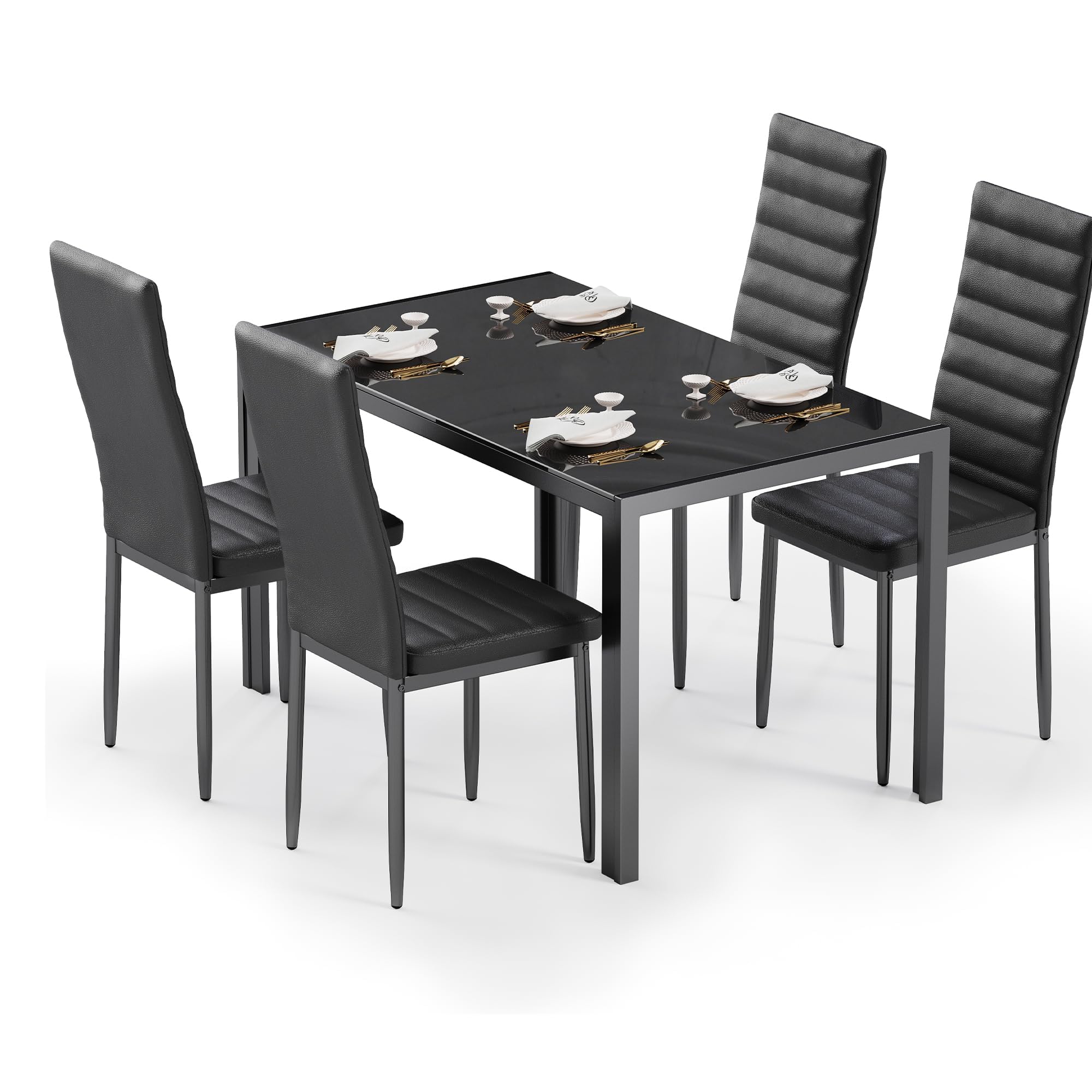 5-Piece Tempered Glass Dining Table Set for 4 - Modern Black Kitchen Table with Chairs