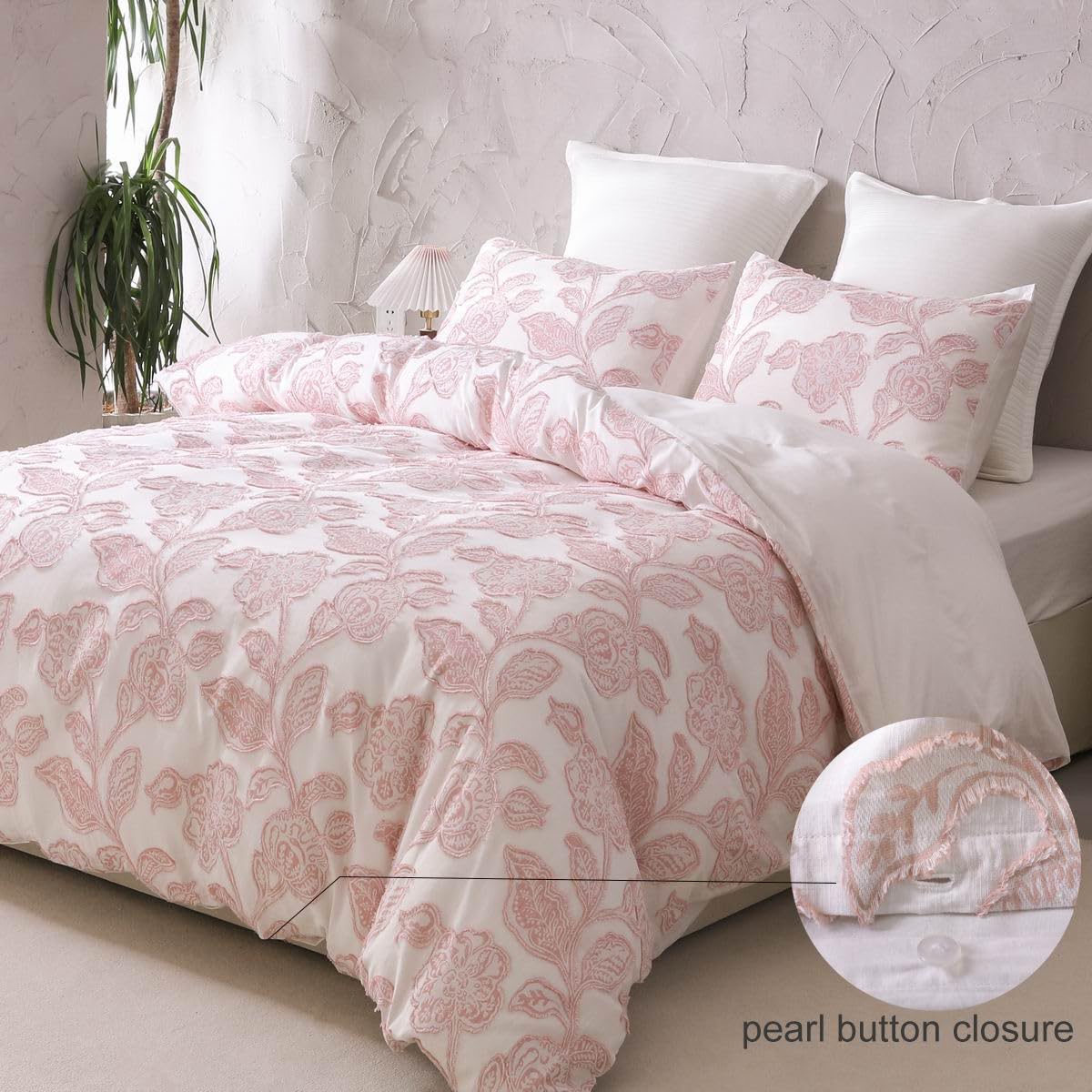 Cotton Clipped Jacquard Duvet Cover Set King, 3 Pieces Jacobean Floral Bedding