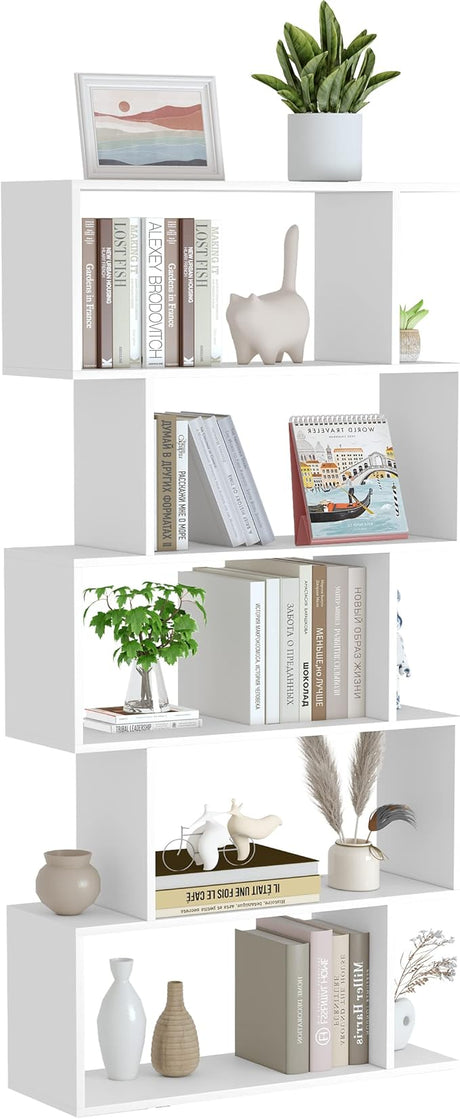 Bookshelf 5-Tier, Geometric Bookcase S Shaped Book Shelves for Bedroom