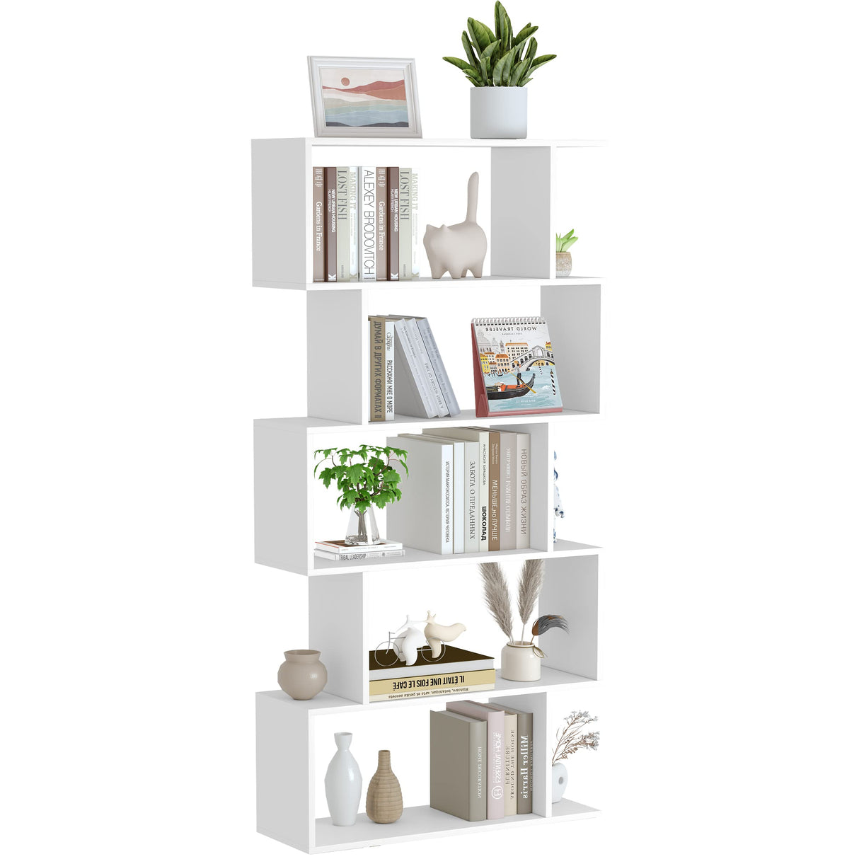 Bookshelf 5-Tier, Geometric Bookcase S Shaped Book Shelves for Bedroom