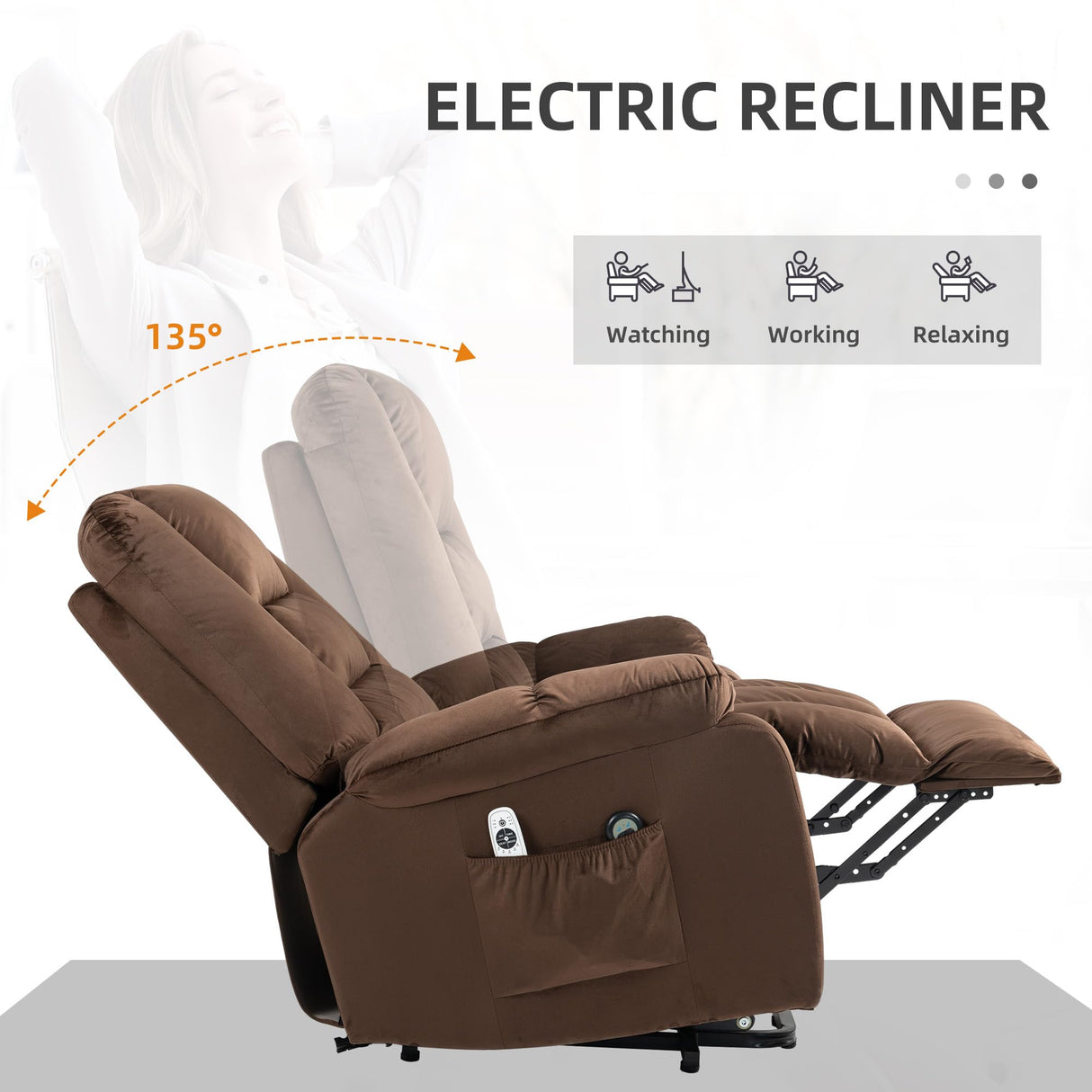 Power Lift Recliner Chair, Ergonomic Massage Chair with 4 Positions and Heating, Fabric Overstuffed Living Room Chairs with Side Pockets, Dark Brown