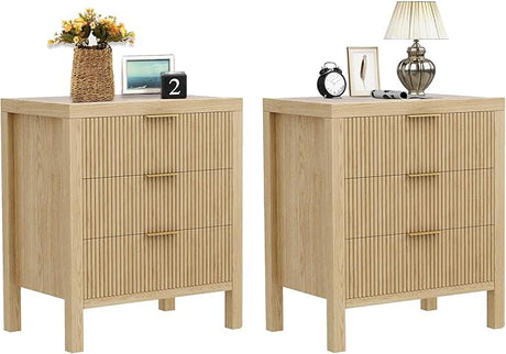 Fluted Nightstands Set of 2, Wooden Farmhouse Night Stands with 6 Drawer Bedside Table