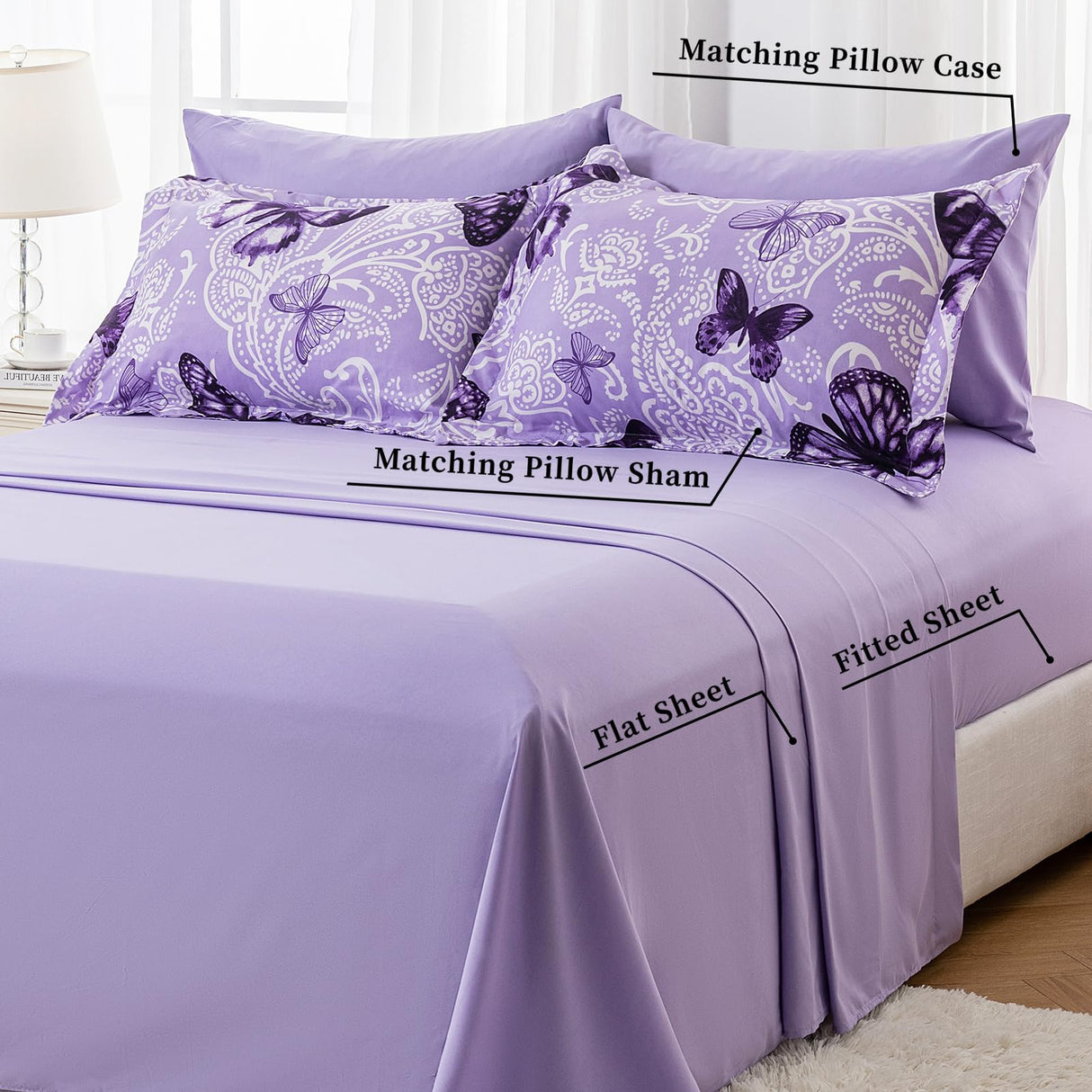 Bed in A Bag King Size 7 Pieces, Purple Paisley Butterfly Bedding Comforter Set All Season