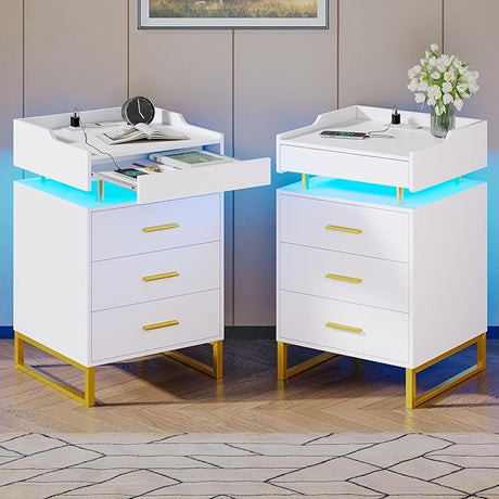 LED Nightstand with Charging Station, Large Night Stand with 3 Drawers and 1 Pull-Out Tray