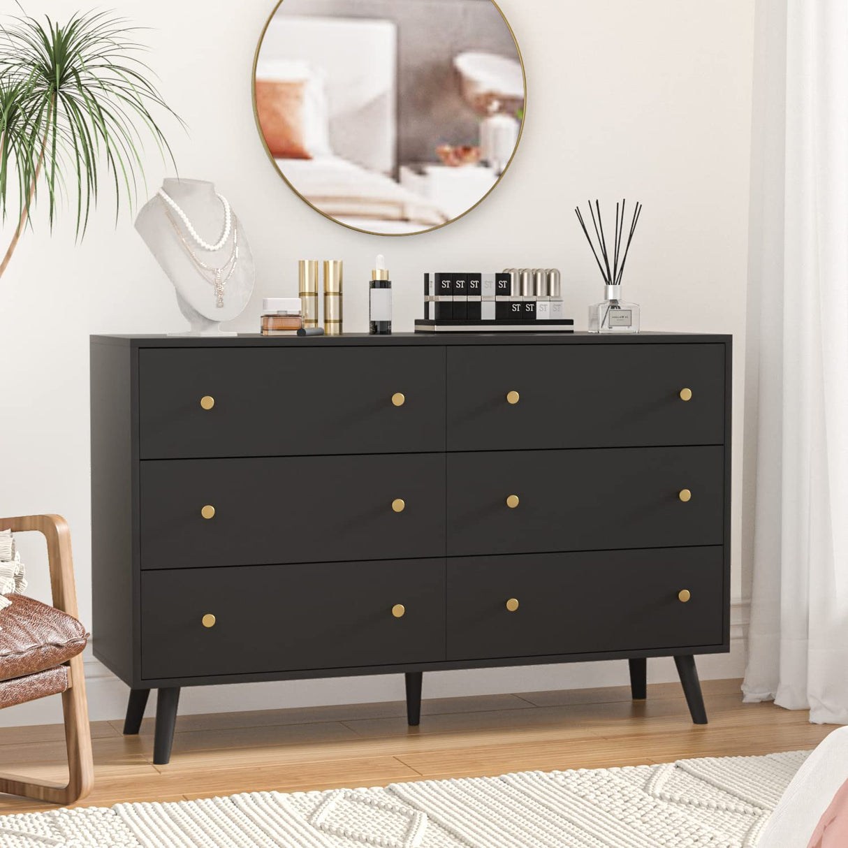 SINROM Black Dresser for Bedroom, Modern 6 Drawer Dresser