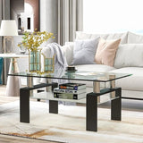 Glass Coffee Table for Living Room, Modern Coffee Table with Black Tempered Glass