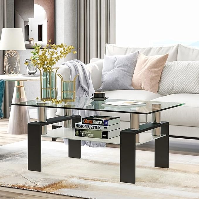 Rectangle Glass Coffee Table 2-Tier Tea Table Modern Side Coffee Table