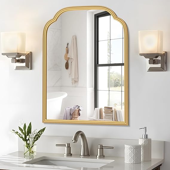 Gold Mirror for Bathroom, Modern Rounded Corner Rectangle Mirror