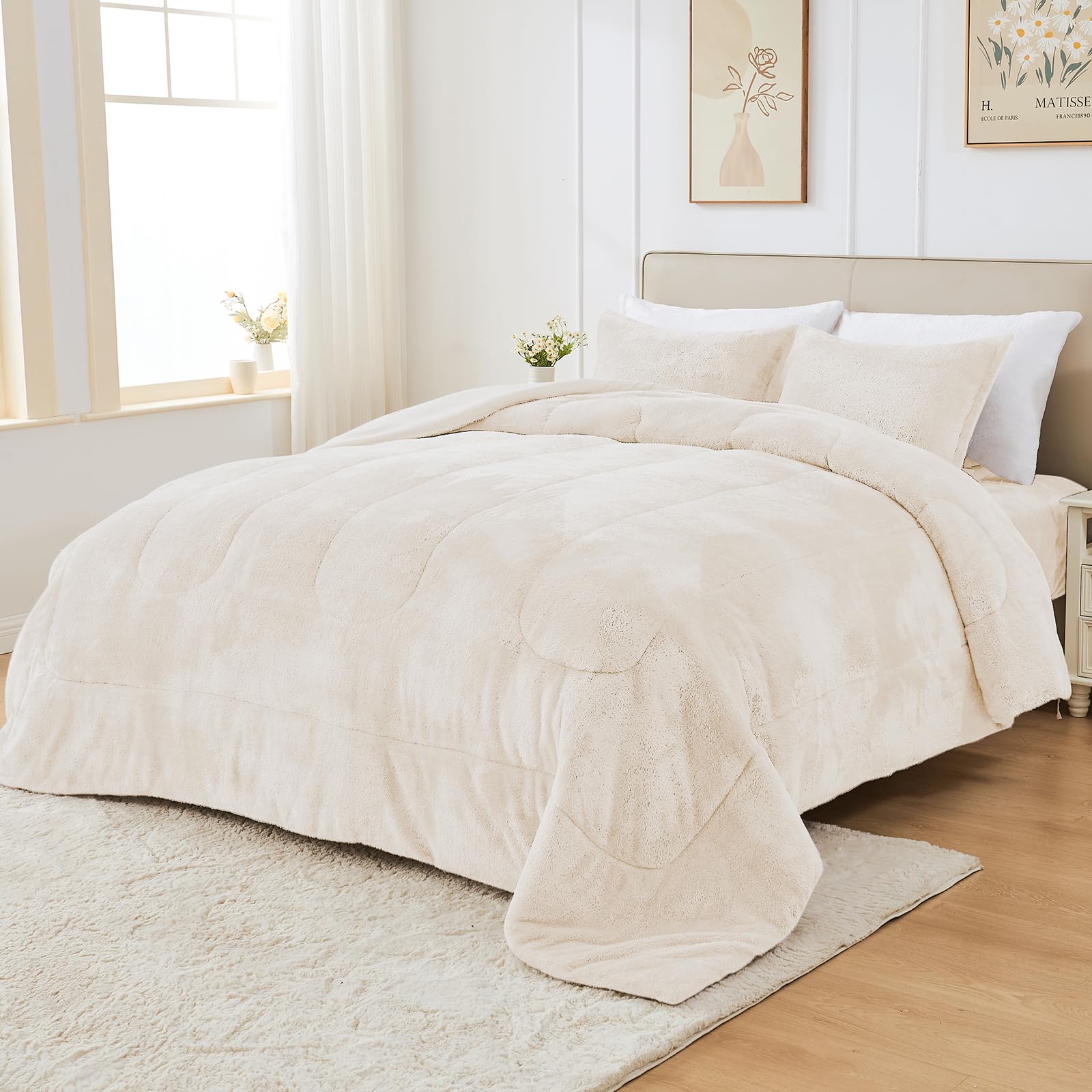 Faux Fur Comforter Set Queen Size with Fitted Sheet, Luxury Ultra Soft Fuzzy Comforter