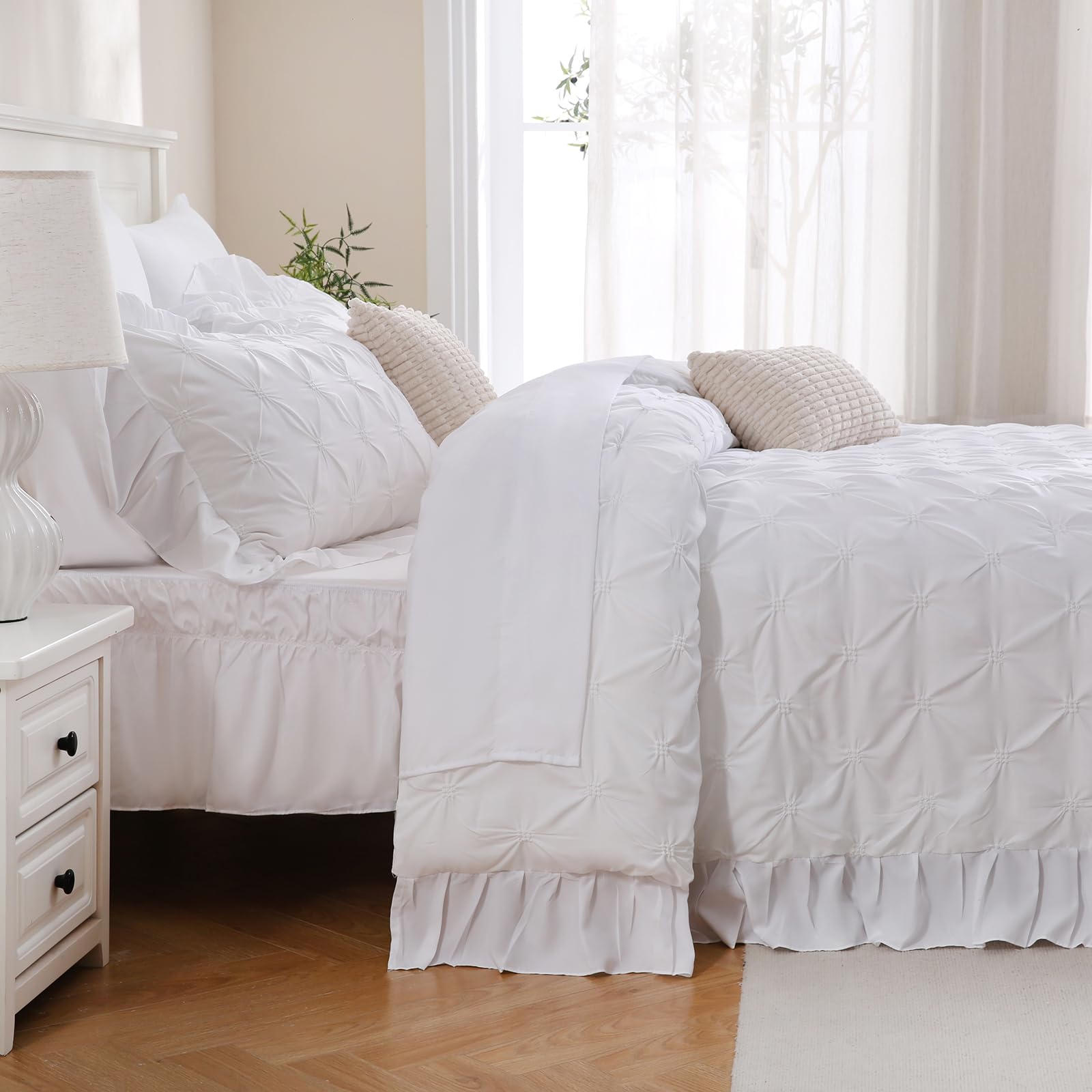 Pinch Pleated Comforter Bed in A Bag Queen 10 Pieces White Ruffled Comforter Set Pintuck Bedding Set