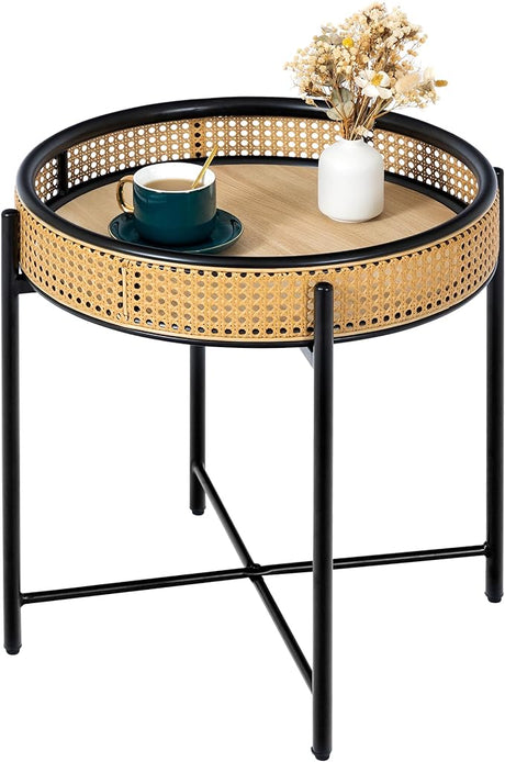 Gold End Table Modern, Round Side Table with Tempered Glass Top and Metal Stand