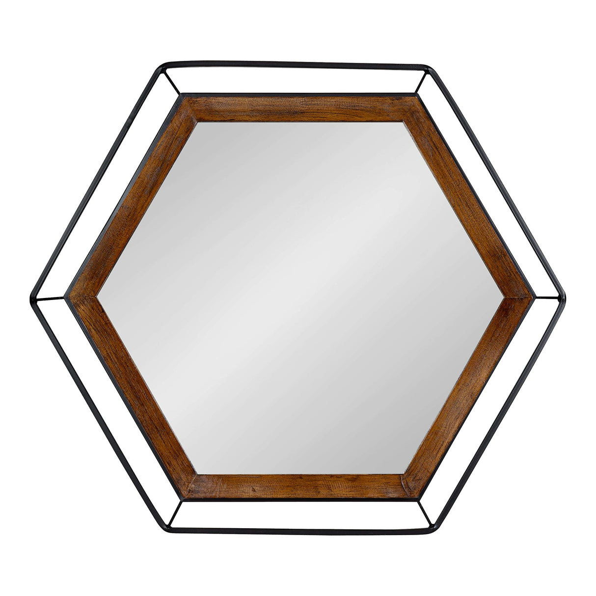 Wesman Modern Hexagon Wall Mirror, 28 x 28, Walnut and Black, Decorative Home Decor