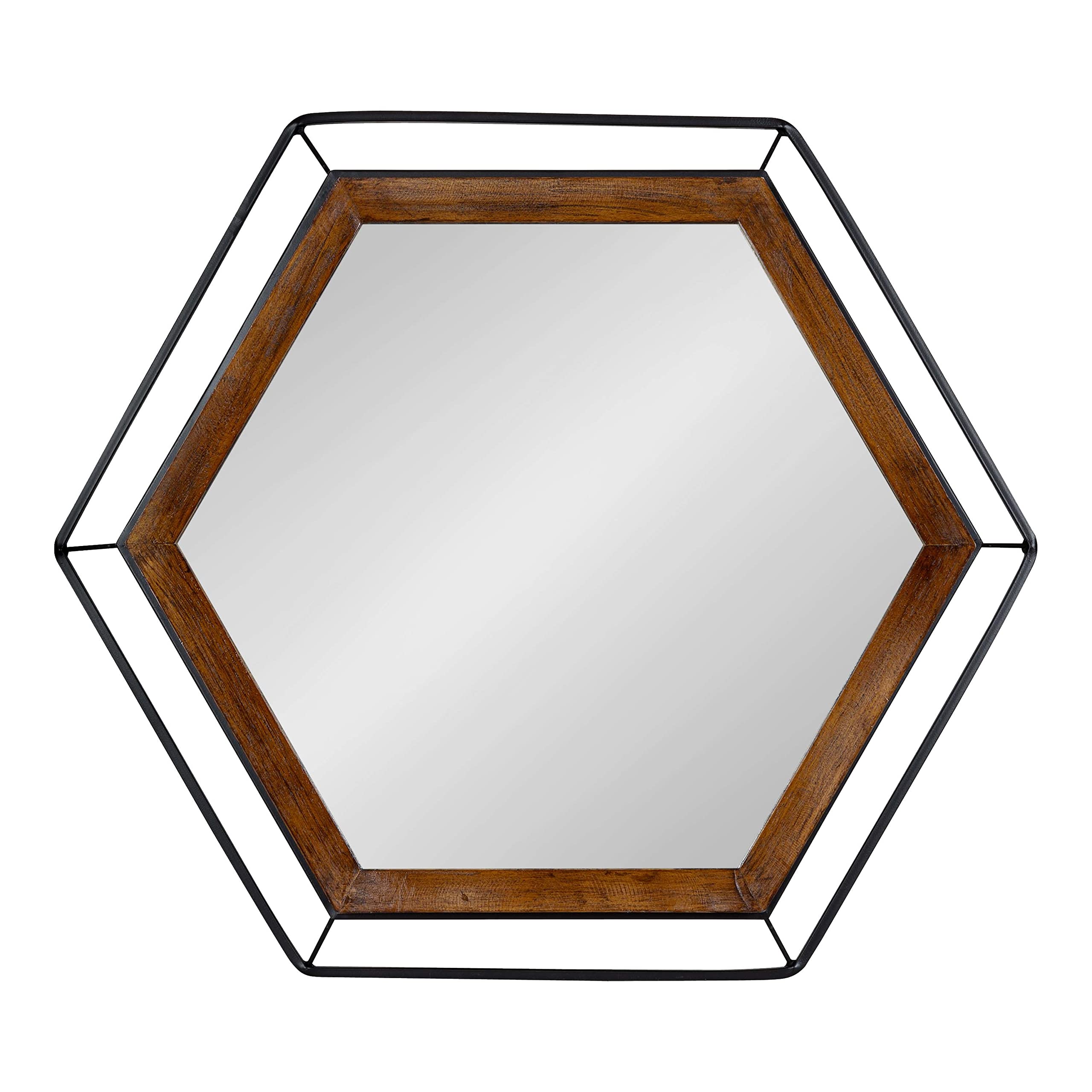 Wesman Modern Hexagon Wall Mirror, 28 x 28, Walnut and Black, Decorative Home Decor