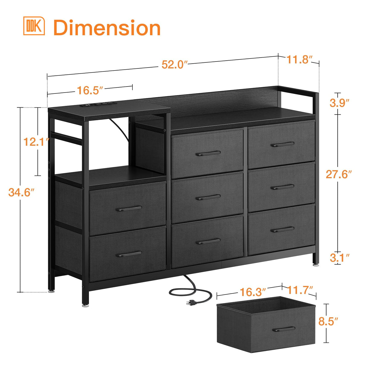 Dresser with Charging Station, 52-Inch Long Dresser for Bedroom with 8 Storage Drawers,