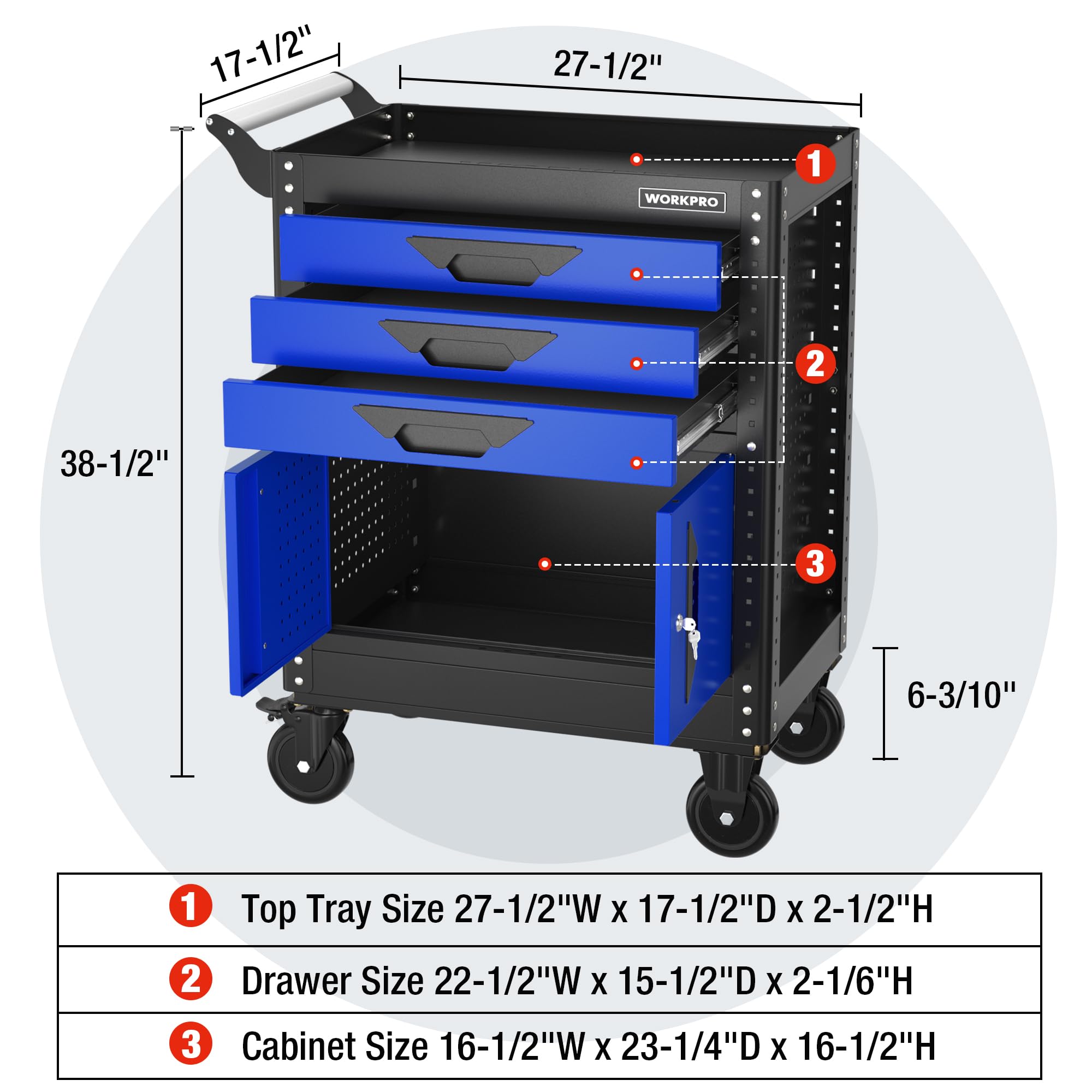 WORKPRO 27.5 Inch 3-Drawer Rolling Tool Chest with Wheels