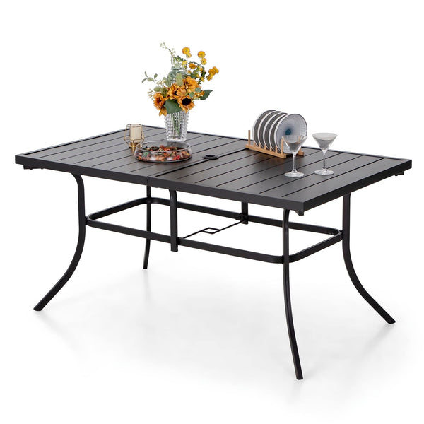 6-Person Outdoor Metal Steel Slat Dining Rectangle Table with Adjustable Umbrella Hole