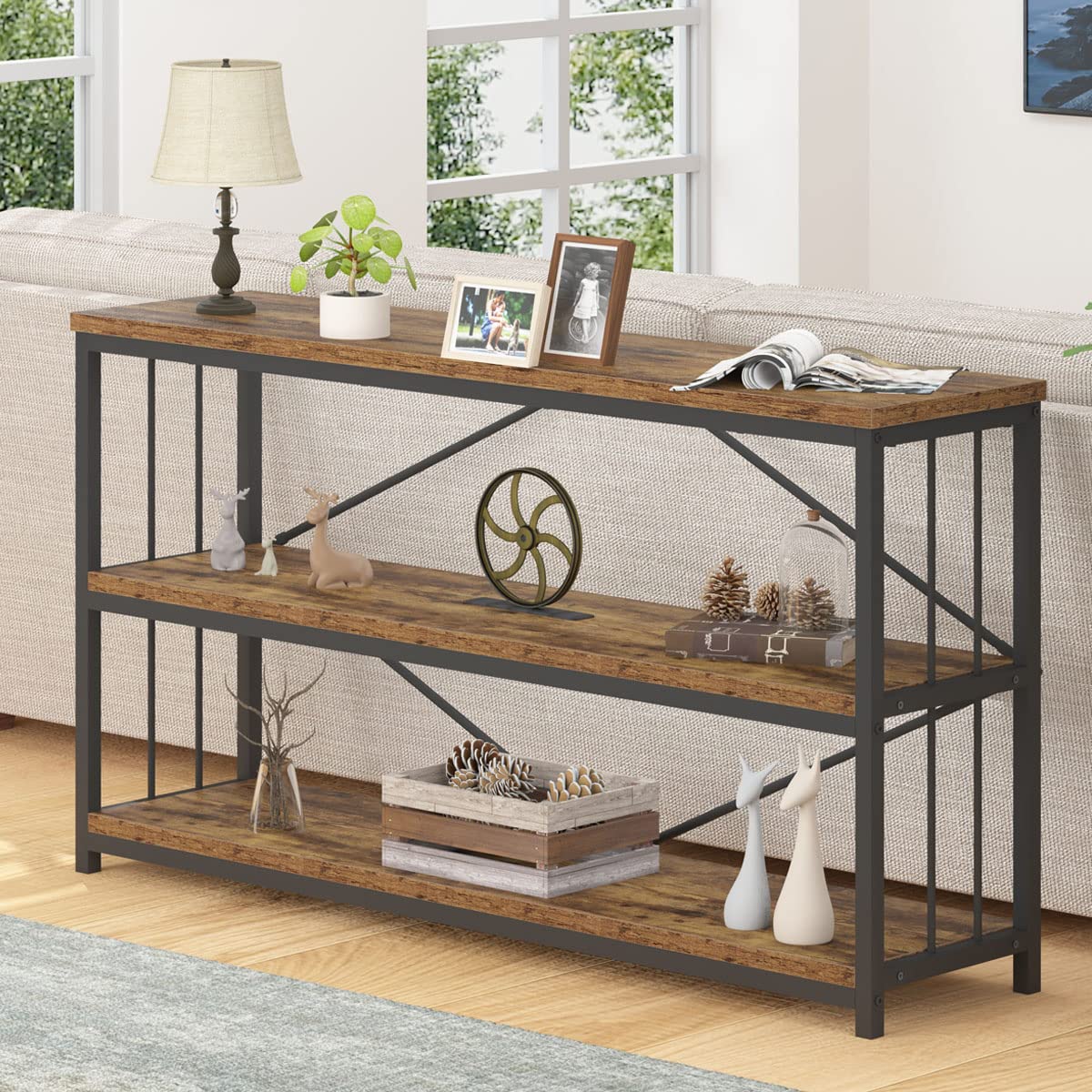 Industrial Console Entryway Table, Metal Wood Rustic Sofa Table with Storage