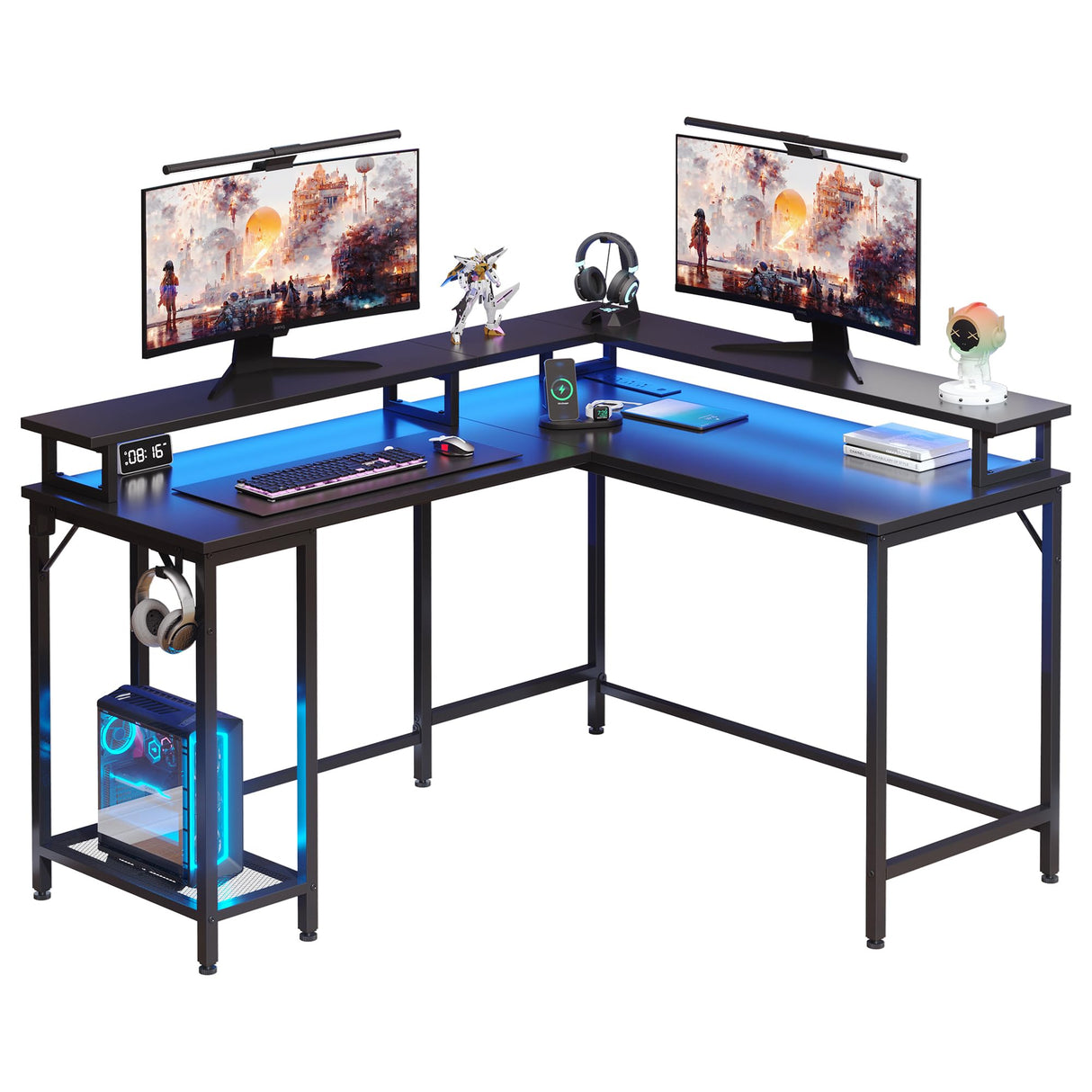 46" L Shaped Computer Desk with LED Lights & Monitor Stand, Reversible Gaming Desk